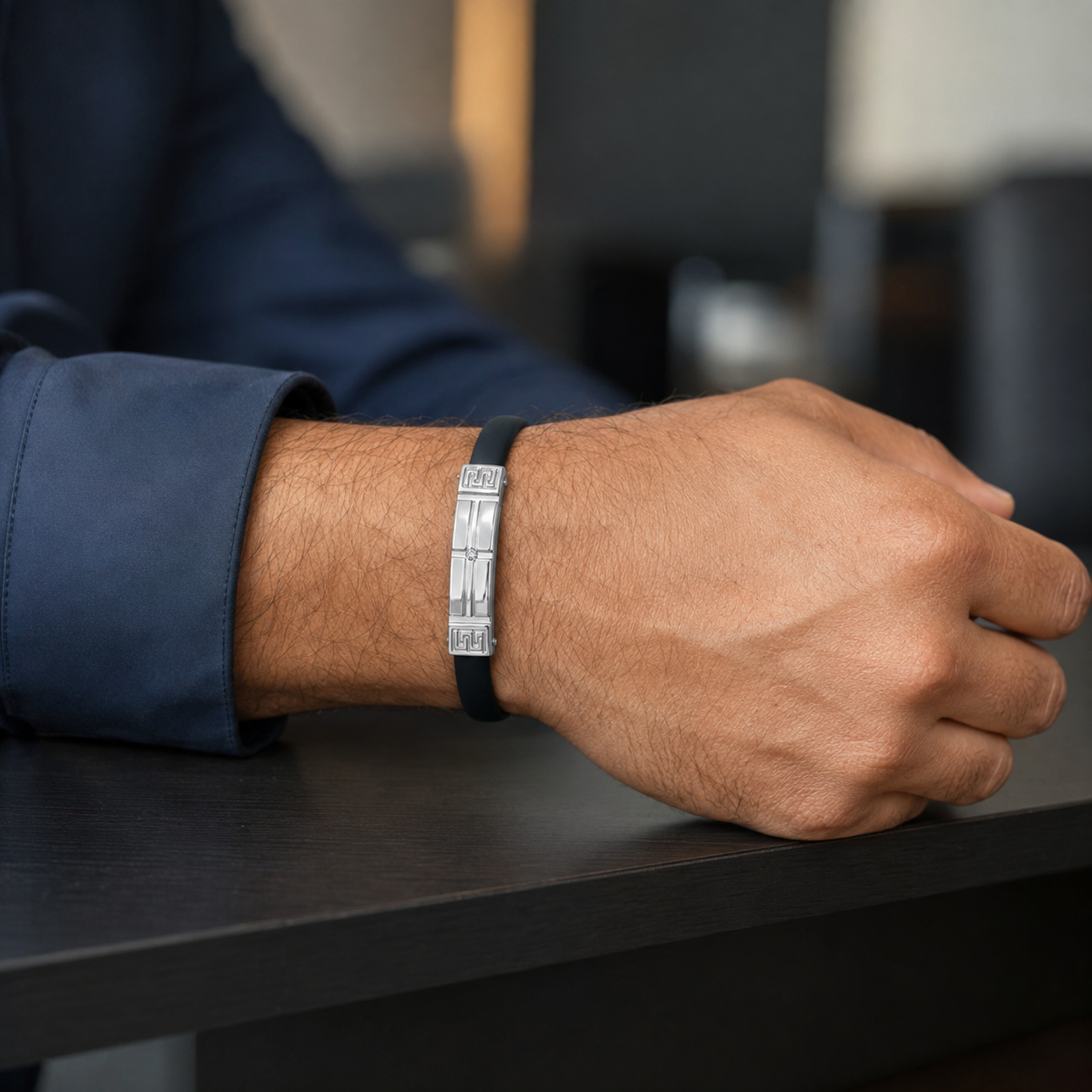 Greek Key Men’s Platinum & Black Rubber Bracelet | Pt950 | Savya Jewels