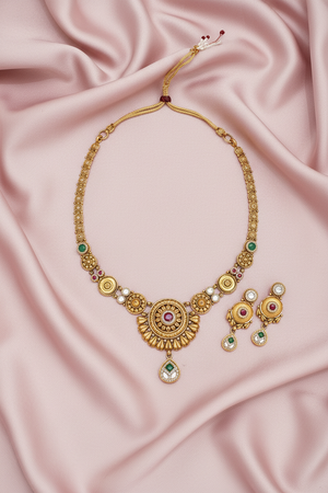 Sunburst Disc Choker Necklace on Pink Satin