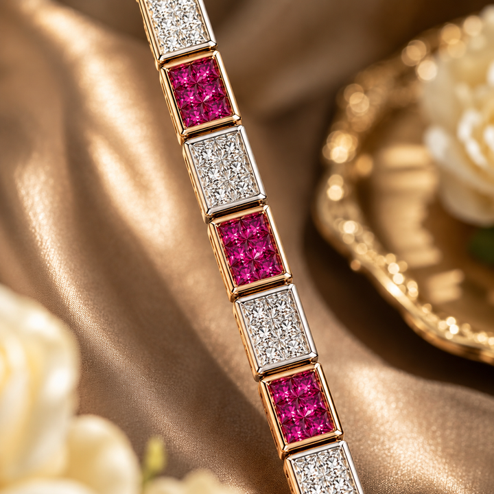 Princess Cut Diamond & Ruby Bracelet | IGI Certified | Savya Jewels